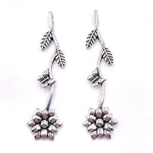 Silver Long Stem Flower with Leaf and Butterfly Post Back Earrings
